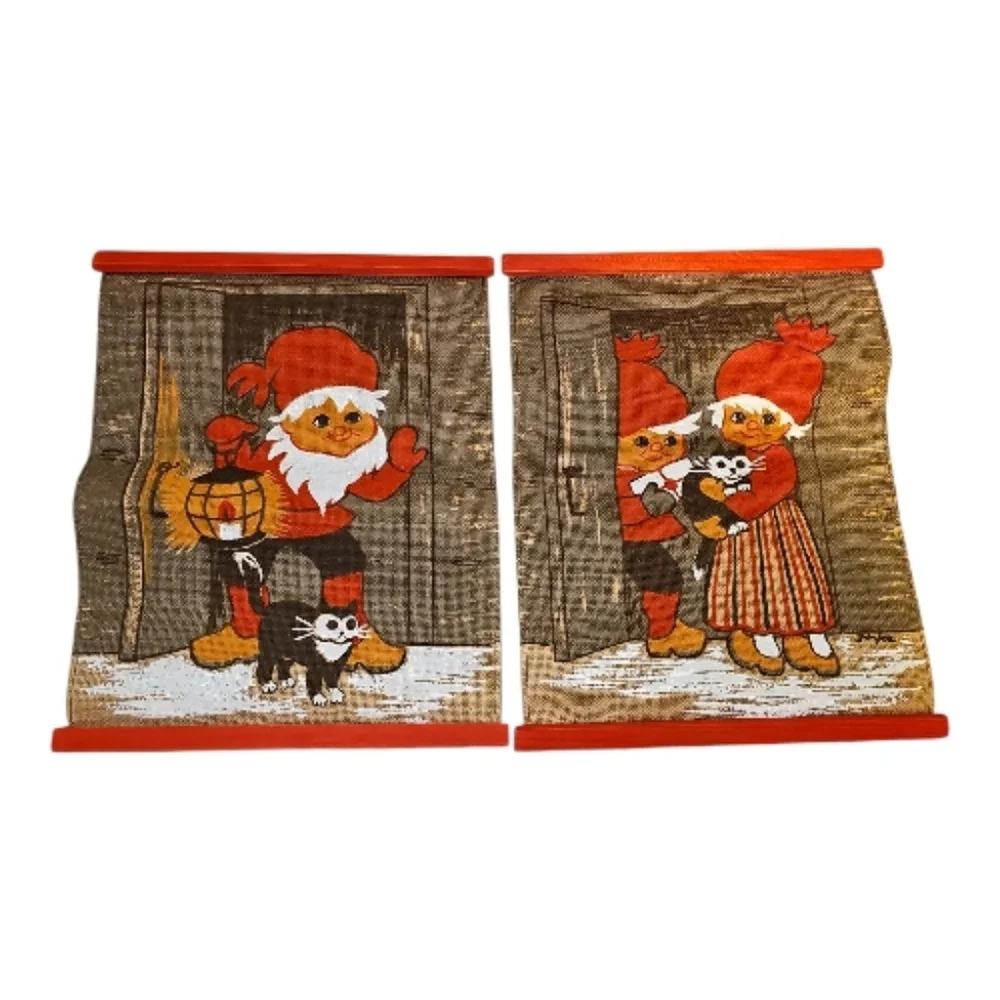Vintage Scandinavian Christmas Textile Art – Tomte Elves Black Cat - Set of 2 - Picture 1 of 8